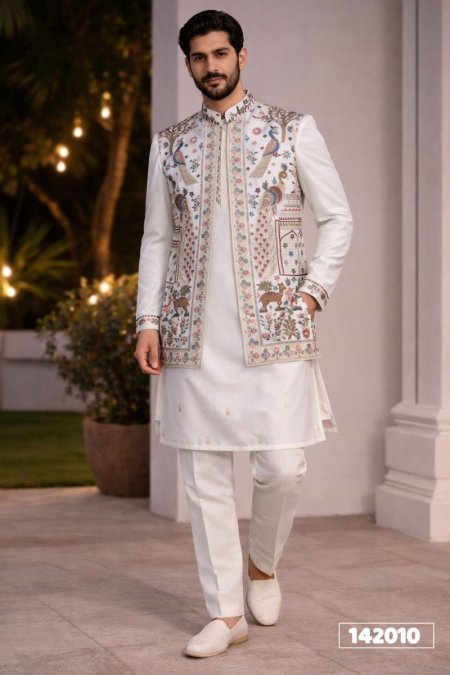 White Outluk Wedding Collection Vol 142 Mens Modi Jacket Kurta Pajama 142010